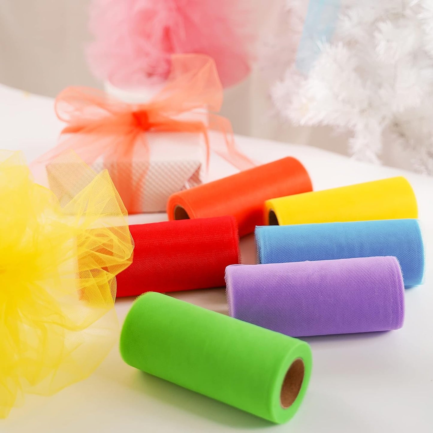 MEEDEE Rainbow Tulle Ribbon 6 Colors Roll Tulle Fabric Rainbow Spool Ribbon for Tutus Wedding Decorations Party Decorations Gift Wrapping Skirt Dress (6 inch by 25 Yards/Roll)