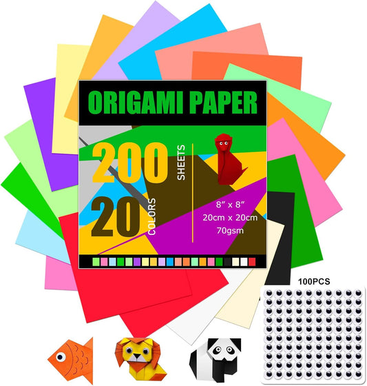 Origami Paper 300 Sheets, 20x20 cm/8 Inch Large Double Sided, 200 Sheets 20 Colors Origami Paper and 100pcs Self-adhesive Wiggle Eyes Sets for Kids DIY School Arts Crafts Adults