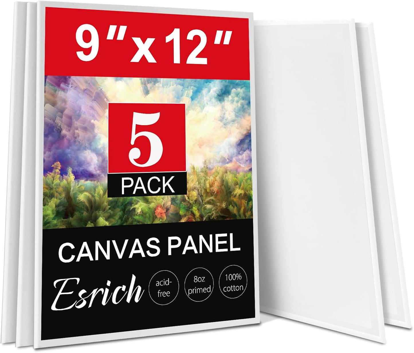 ESRICH Canvas Boards for Painting, 5 Pack 9x12 Canvases for Painting Cotton Primed Acid Free Blank Canvas Panels for Oil Paint, Watercolor, Acrylic Paint, Gouache and Tempera.