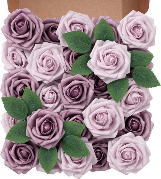 Artificial Flowers Foam Fake Roses 25pcs Series Purple Colors Roses with Stems for Home Decor DIY Wedding Bouquets Party Bridal Shower Centerpieces Faux Flower Arrangements Tables Decorations
