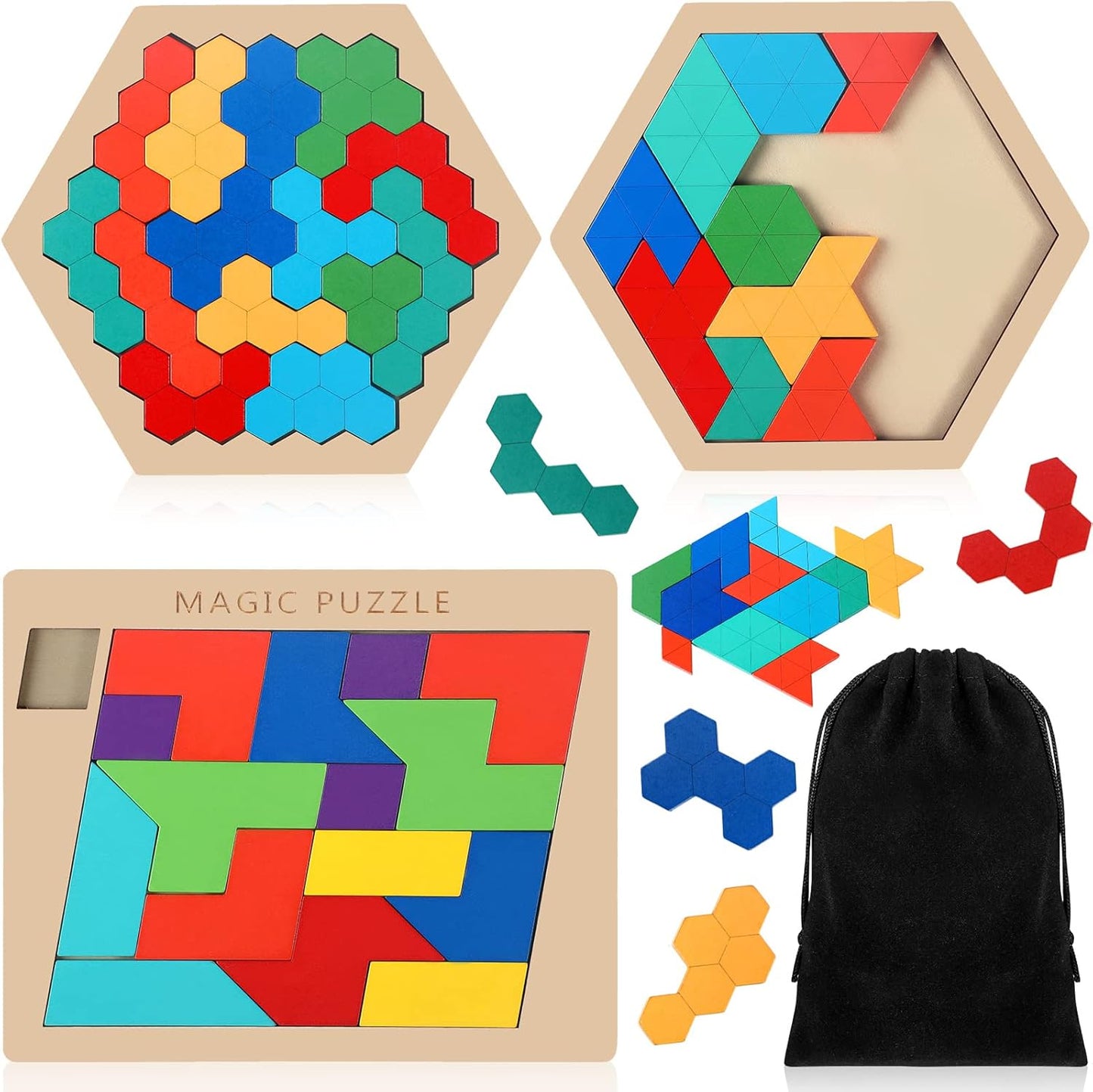 Yunsailing 3 Pack Hexagon Wooden Puzzle Wood Russian Blocks Tangram Puzzle Brain Teaser Puzzles Geometric Jigsaw Block Russian Blocks Logic IQ STEM Toy for All Ages Kid Adult (Fancy)