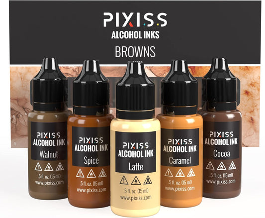 Pixiss Brown Alcohol Ink Set - 5 Shades of Highly Saturated Alcohol Ink for Epoxy Resin Supplies, Yupo Paper, Tumblers, Coasters - Resin Colorant for Epoxy Resin and Resin Art Supplies