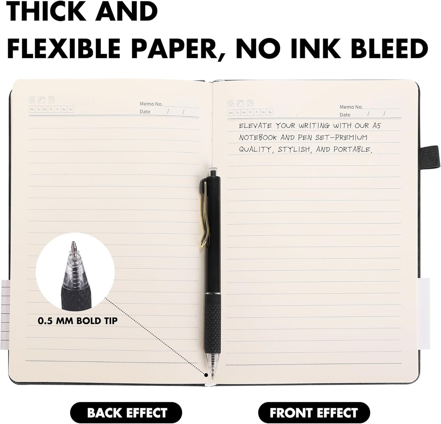 Aodaer 1 Set Lined Notebook Journal with Pen A5 Notebooks 100 GSM College Ruled Hardcover Notebook PU Leather Notepad with Pen Holder for Office School, 5.7 x 8.3 Inches, Black