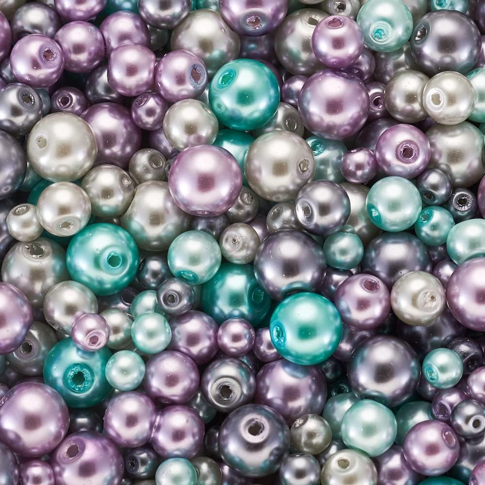 About 1840Pcs 4/6/8mm Glass Pearl Beads Pearlized Beads Multi Colors Round Spacer Beads for DIY Craft Jewelry Making Hole: 1mm, Mixed Purple & Grey & Turquoise