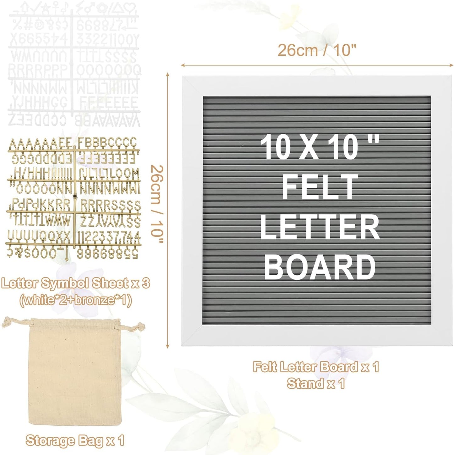 PATIKIL Felt Letter Board, 10x10Inches Gray White Wooden Changeable Message Board with Storage Bag Stand for Kitchen Menu Classroom Farmhouse Decor Notes, White Bronze Letter