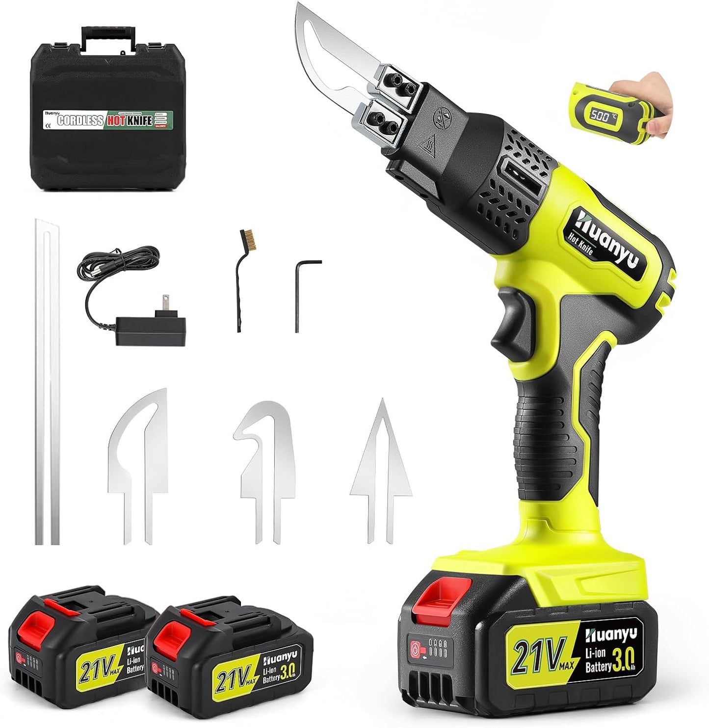 Huanyu Cordless Hot Knife with Temp. Display 100W Max 500℃ 3.0Ah Battery Powered Air Cooling Cutting Tool 4 Blades Set Electric Hot Knife Foam Cutting Tool Craft Shears for Rope, Fabric, Acrylic