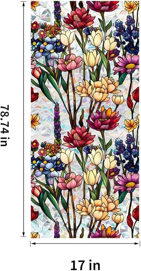 Stained Glass Window Film UV Resistant Window Privacy Film Colorful Flowers Privacy Rainbow Decals Living Room Bedroom Sun Blocking Decor Removable Static Cling Stickers 17 x 78.74 Inch