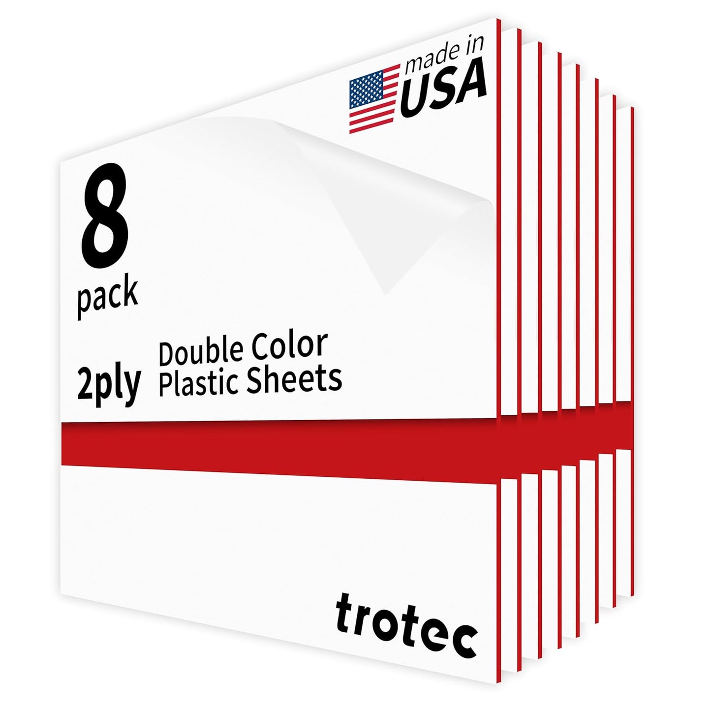 Trotec TroLase | 12"x12"x1/16", 8 Pcs | White/Red | 2 Ply | Modified Acrylic | Laser Engraving Double Color Plastic Sheet | Engraving Blanks for Laser, Saw, Guillotine | Made in USA