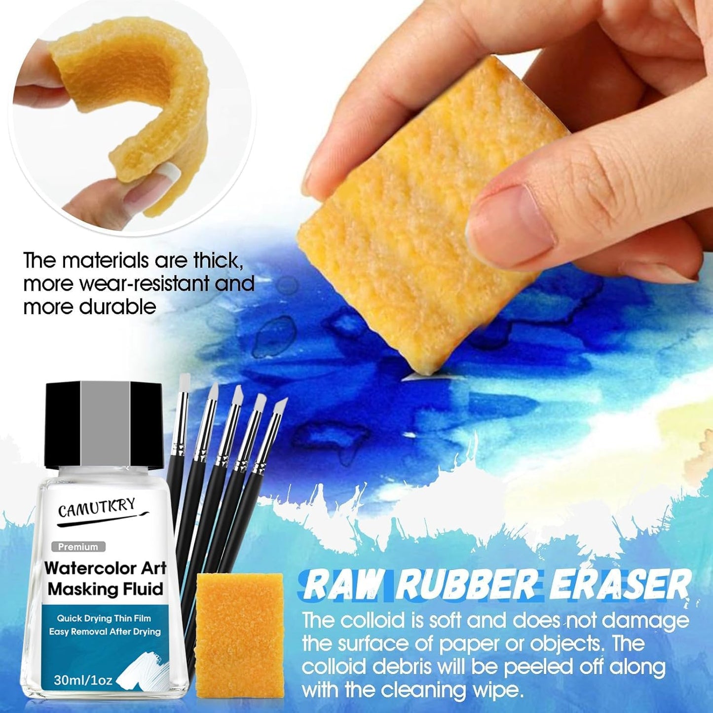 Watercolor Masking Fluid, Liquid Masking for Painting Watercolor Accessories with Silicone Pen Cleaning Brush Retouching and Covering for Painting and Various Art Projects Supplies,White 30ml