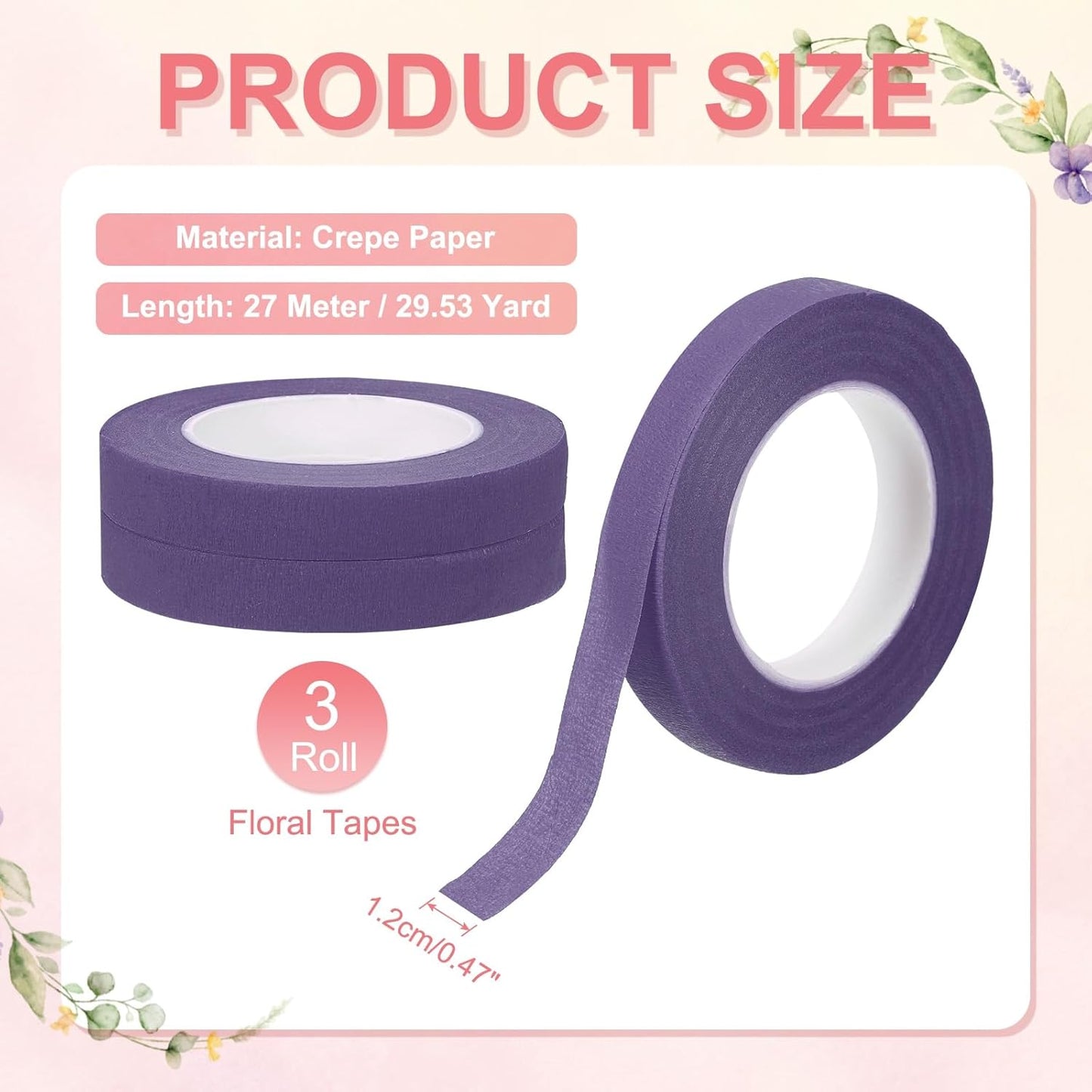 MECCANIXITY 3 Rolls Floral Tapes, 30 Yard x 1/16 in Florist Crepe Flowers Bouquets Tape Adhesive Waterproof for Flower Arranging Wrapping, Purple