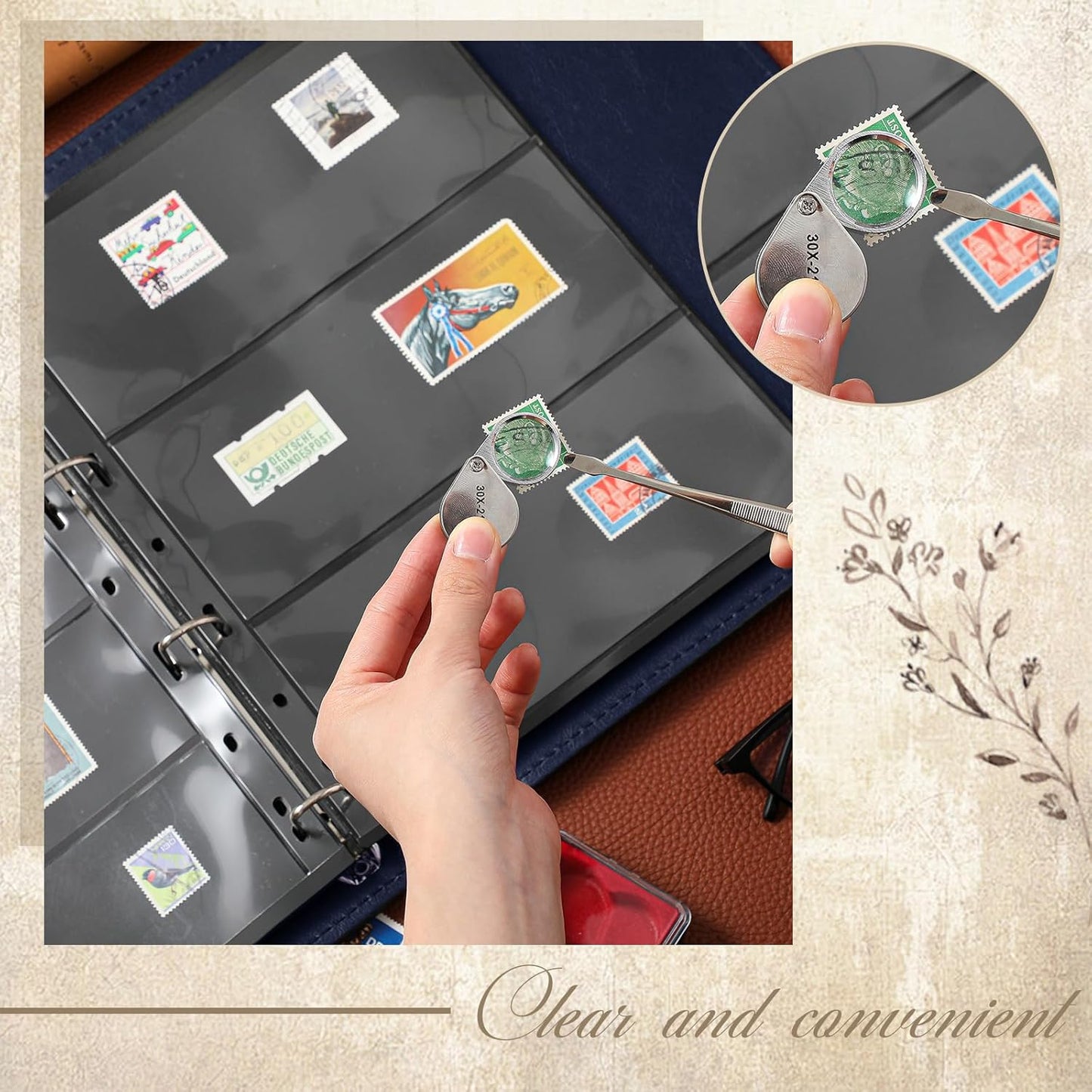 Lewtemi Stamp Collecting Albums Set Stamp Collection Book Include 20 Pages Album Binder Tweezer and Loop Magnifier Collecting Supplies for Collectors(Blue,1/2/3/4 Rows)