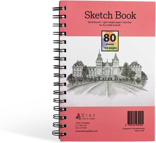 Elan A5 Sketchbook, 80 Sheets Italian Paper 80 lb/120 GSM, Acid-Free Sketch Book 8.3x5.8 Inch, White Drawing Paper Pad, Spiral Bound Sketchbook A5