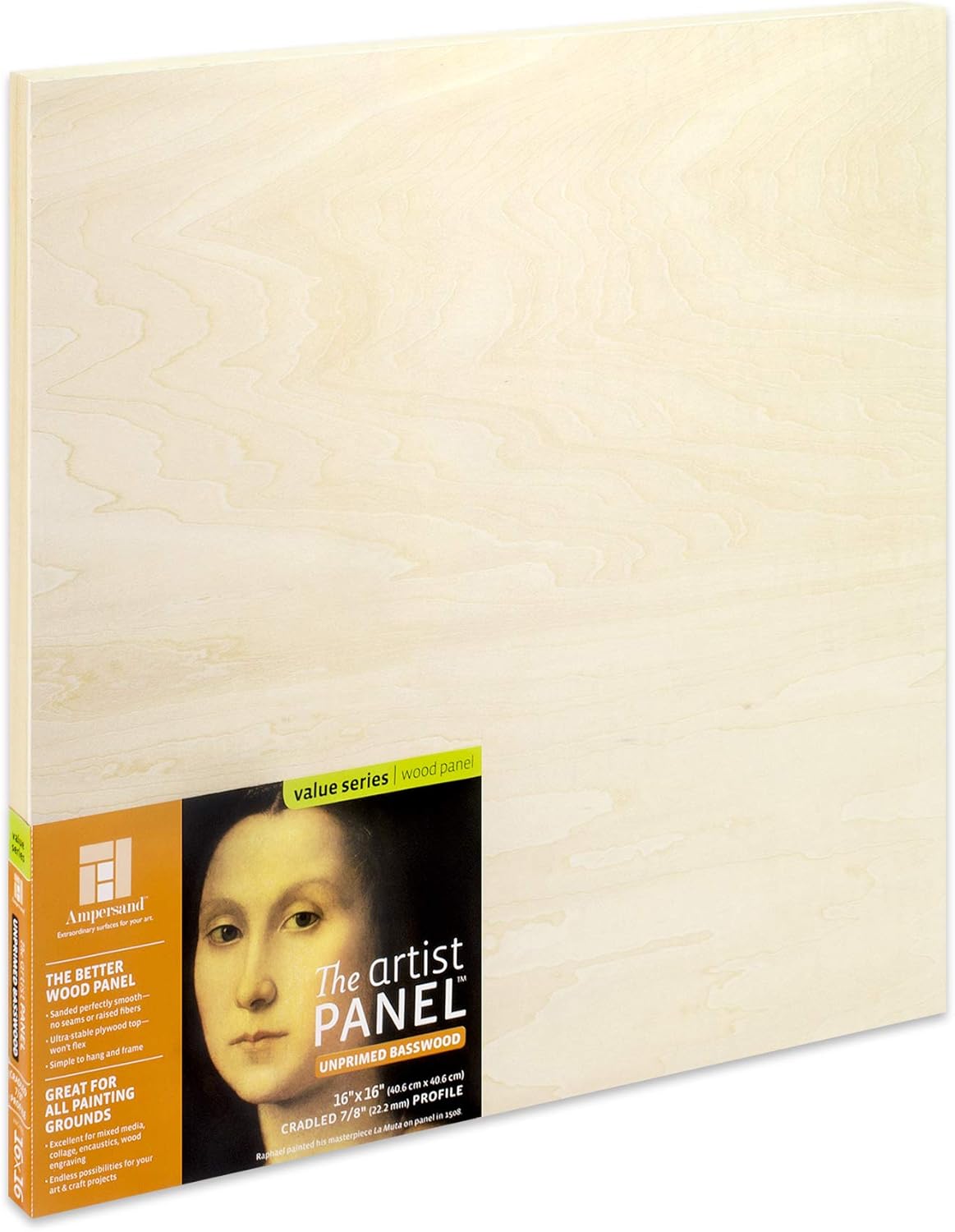Ampersand Art Supply Unprimed Basswood Artist Panel, 7/8" Cradled Profile 16"x16"