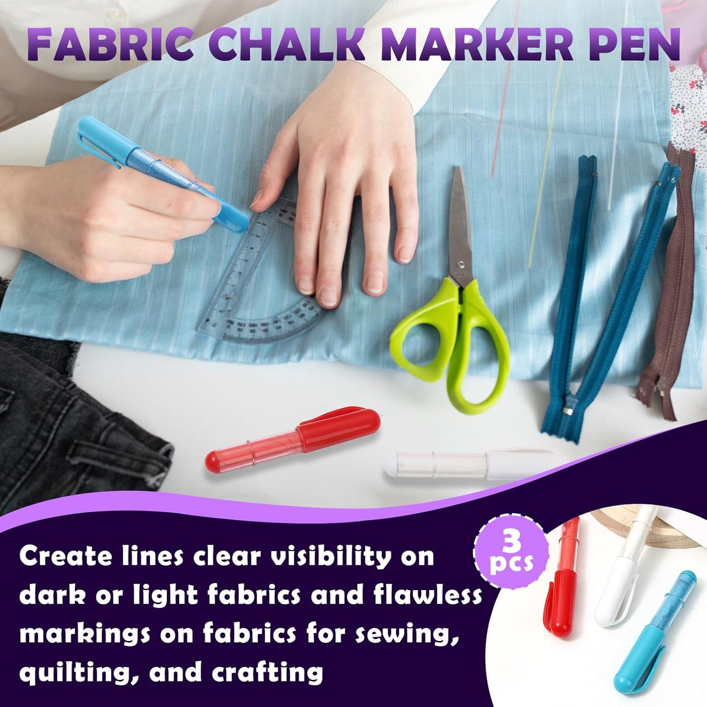 3PCS Sewing Chalk for Fabric, Wipeable and Washable Fabric Chalk for Sewing, Tailors Chalk for Fabric Etailed Marking on Fabrics, Cottons, Leathers - Blue, White, Red