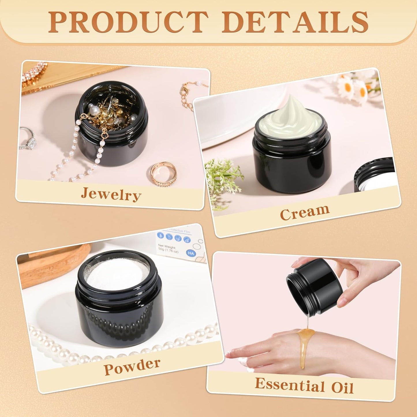 Glass Jars with Lids,Eco-Friendly Cosmetic Containers with Airtight Black Lids & Liners, Multi-Color Options for Cream, Lotion, Body Butter, DIY Skincare Travel Jars (Black, 2oz)