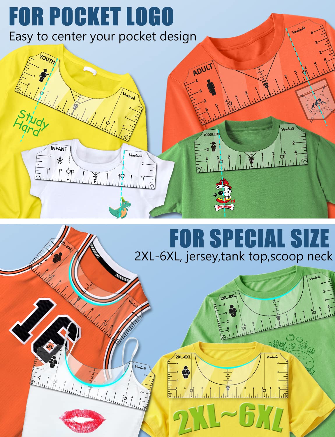 Vowlove T-Shirt Ruler Guide Alignment Tool to Center Designs, All Size Tshirt Measurement Tool for Heat Press Accessories, Left Chest Logo, DTF, Sublimation Blanks, Heat Transfer Vinyl HTV