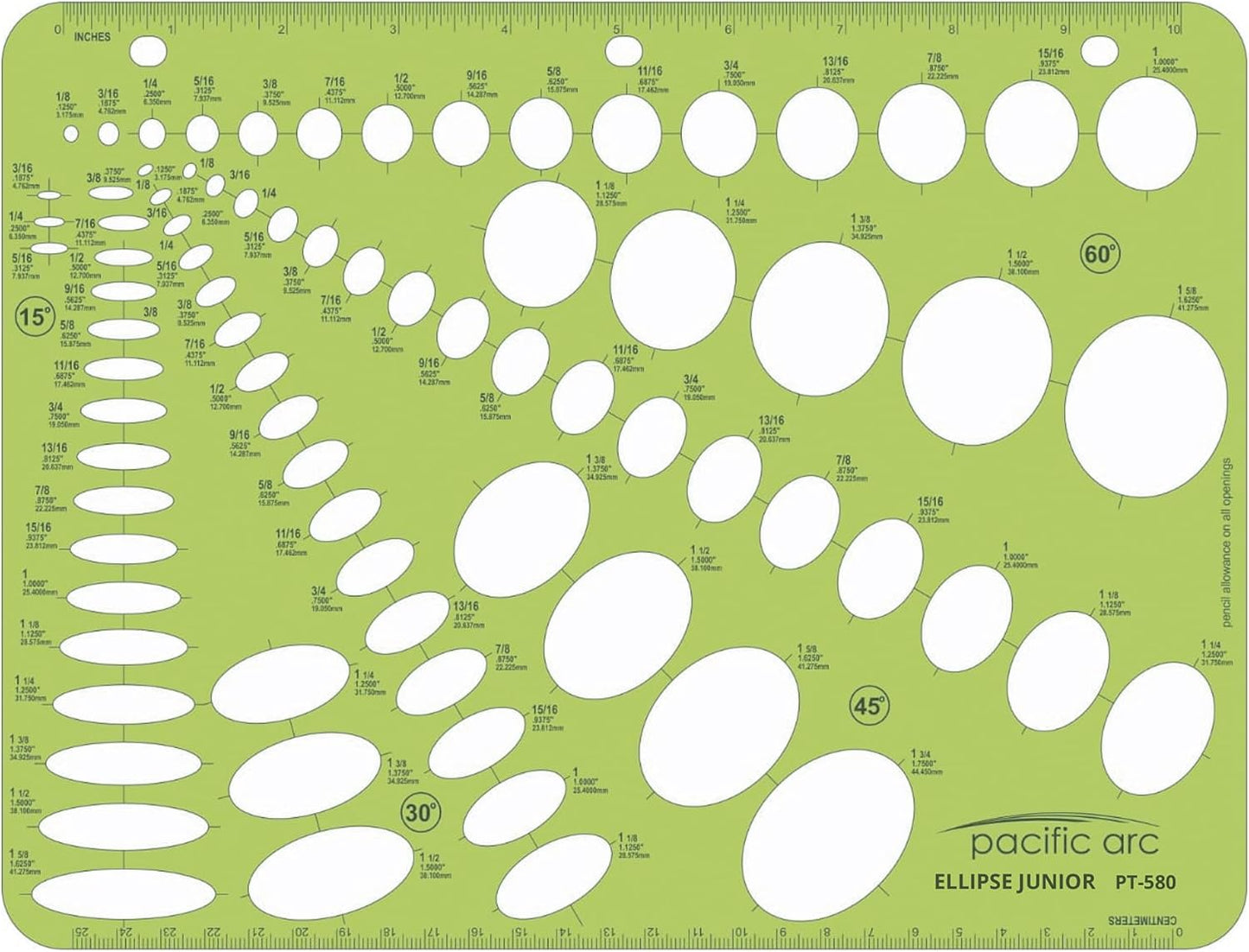 Pacific Arc - Small Ellipse Guide Template - 79 Total - 15, 30, 45, and 60 Degree Projection - Drawing Aid Stencil for Professional or School Work - 8.5x11 inches