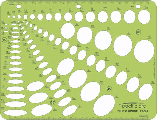 Pacific Arc - Small Ellipse Guide Template - 79 Total - 15, 30, 45, and 60 Degree Projection - Drawing Aid Stencil for Professional or School Work - 8.5x11 inches