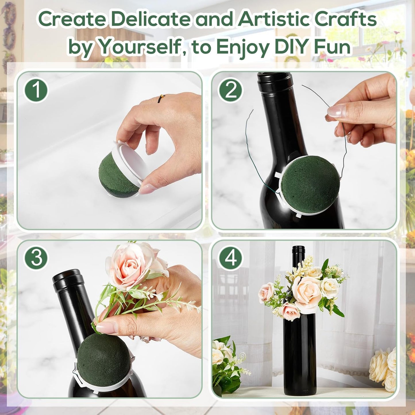 Tessco 12 Pcs Mini Floral Foam Holder Round Floral Foam with Green Arrangement Wire Arrangement Supplies for Table Wedding Wine Bottle Decor