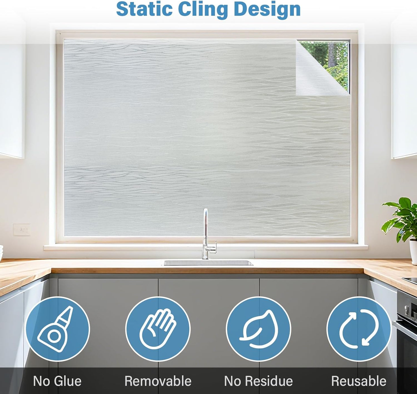 Finnez Frosted Privacy Window Film Static Cling, Non-Adhesive Decorative Cover for Glass Door & Windows, No Glue Removable Clings UV Blocking Waves Design for Home Office 35.4 x 157.4 Inches