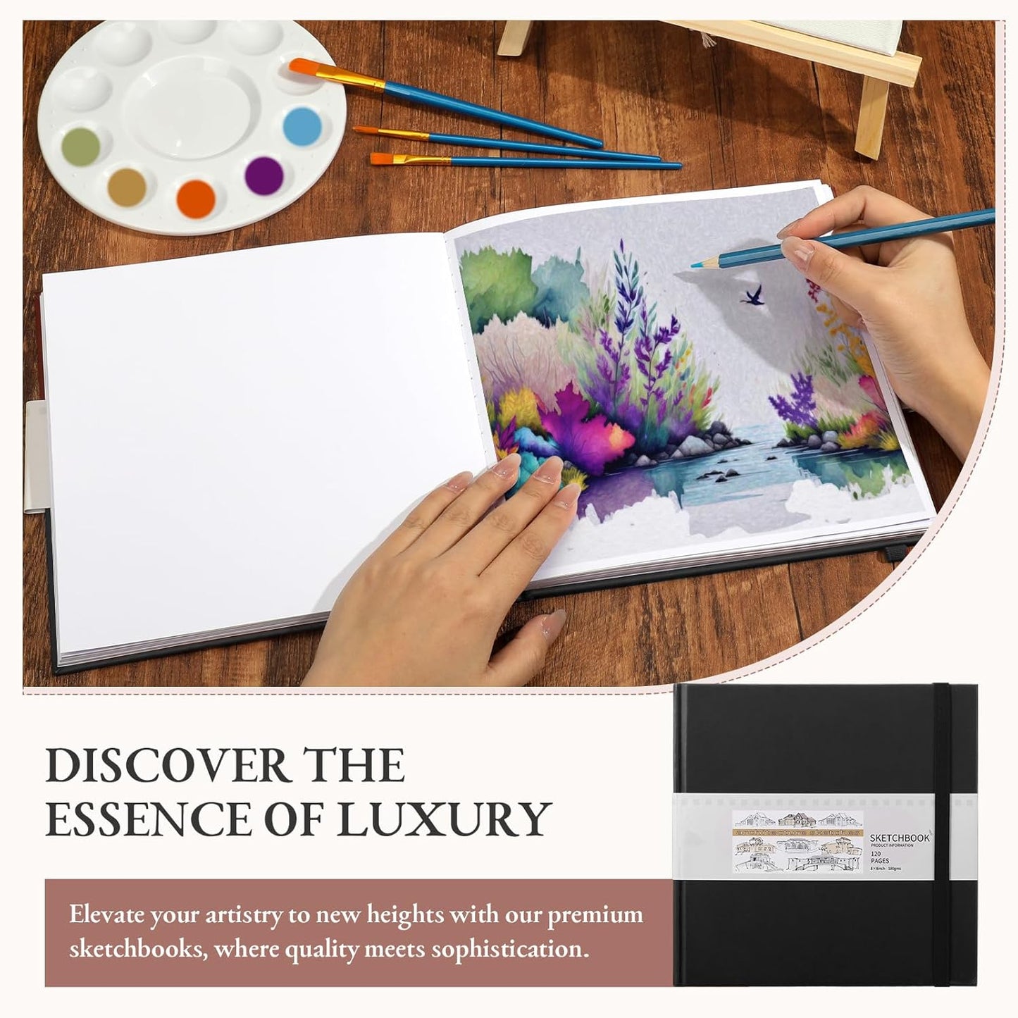 Moinchore Back to School Gifts Square Sketchbook 8 x 8 Inch Hardcover Art Sketch Book Drawing Papers 120 Pages, Mixed Media Journal Notebook with Elastic Closure Sketchbook for Drawing(Black)