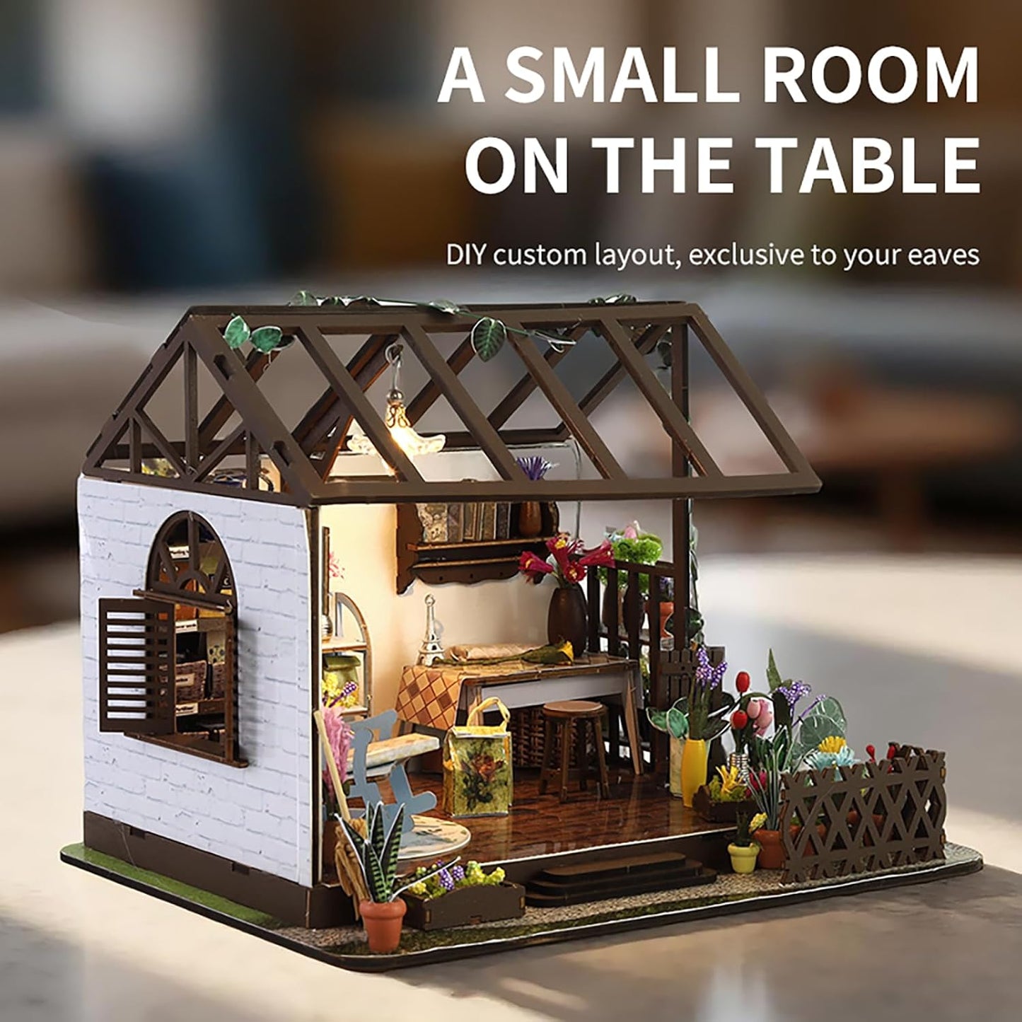 This DIY Miniature Building Set Helps You Create Your own Cozy Greenhouse with All The Furniture Included. It's Suitable for Adults and Teenagers and Makes a Great Gift for Halloween and Christmas.