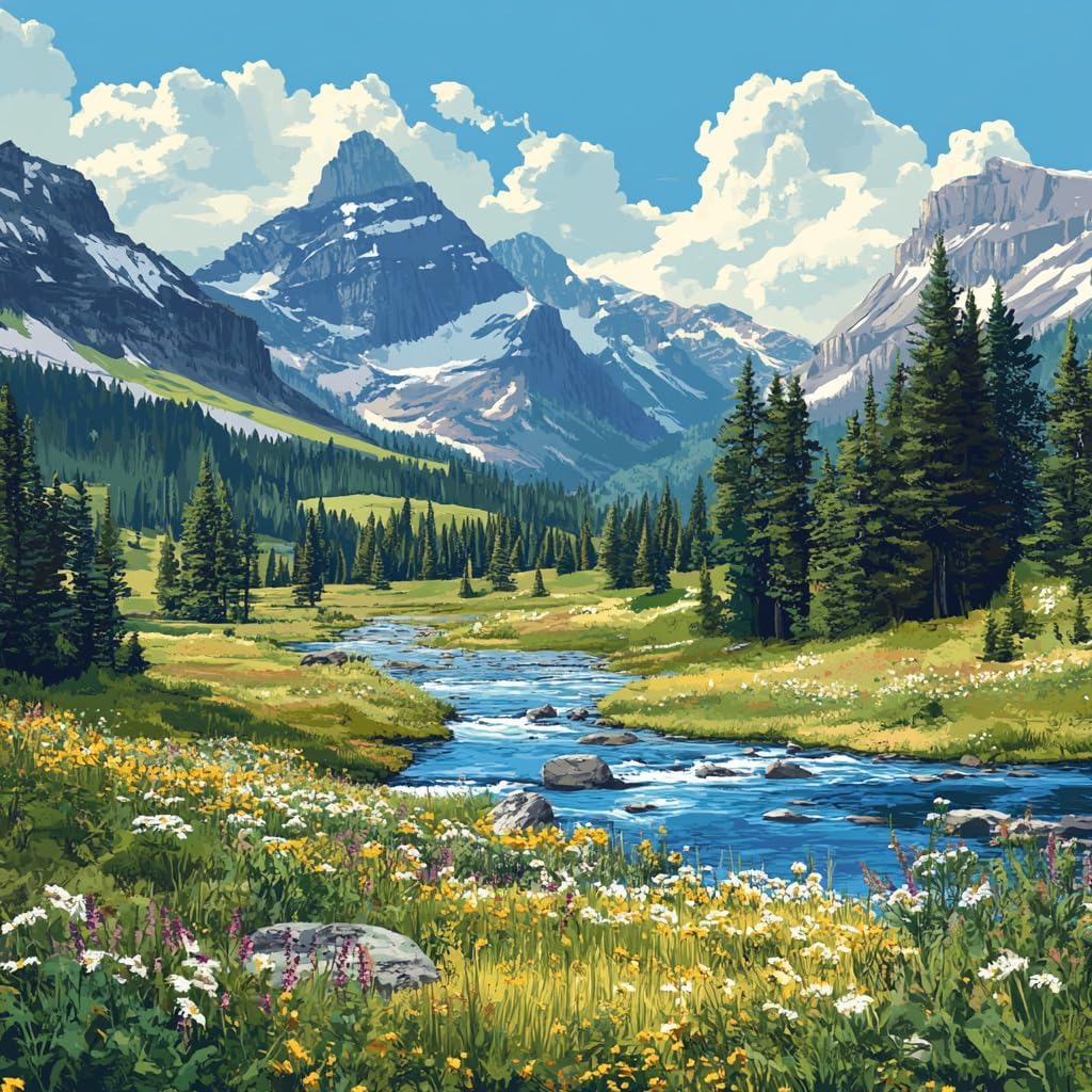 14ct Counted Cross Stitch Kits for Adults Mountains River Flowers Printed Stamped Cross Stitch Patterns Kits Cross Stitch Supplies (Mountains River Flowers)