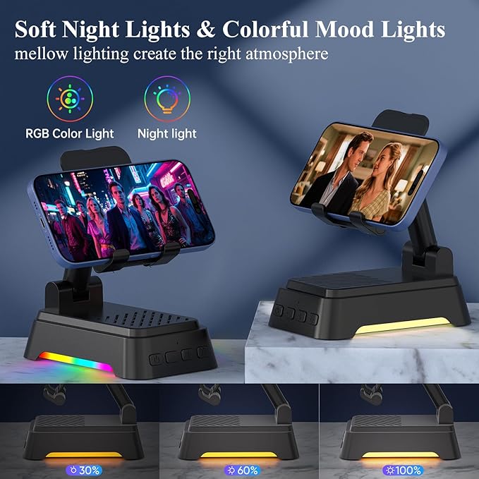 Gifts for Men Women, Cell Phone Stand with Bluetooth Speaker and Ambient Light, Stereo Sound, Adjustable Phone Holder, Cool Tech/Christmas/Birthday Gift Idea for Dad Mom Husband