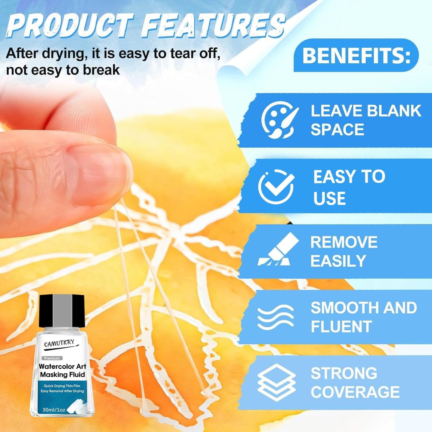 Watercolor Masking Fluid, Liquid Masking for Painting Watercolor Accessories with Silicone Pen Cleaning Brush Retouching and Covering for Painting and Various Art Projects Supplies,White 30ml