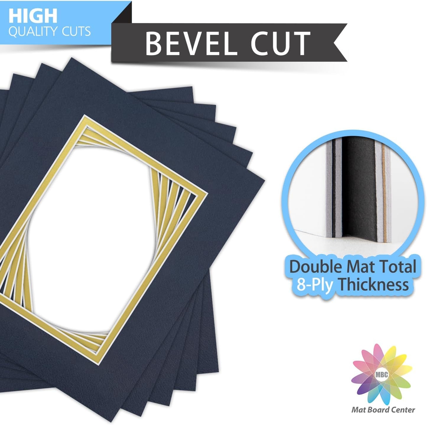 Mat Board Center, Double Mat - Acid Free, 8-ply Thickness, White Core - for Pictures, Photos, Framing (Blue Over Gold, 8x10 for 5x7, Pack of 5)