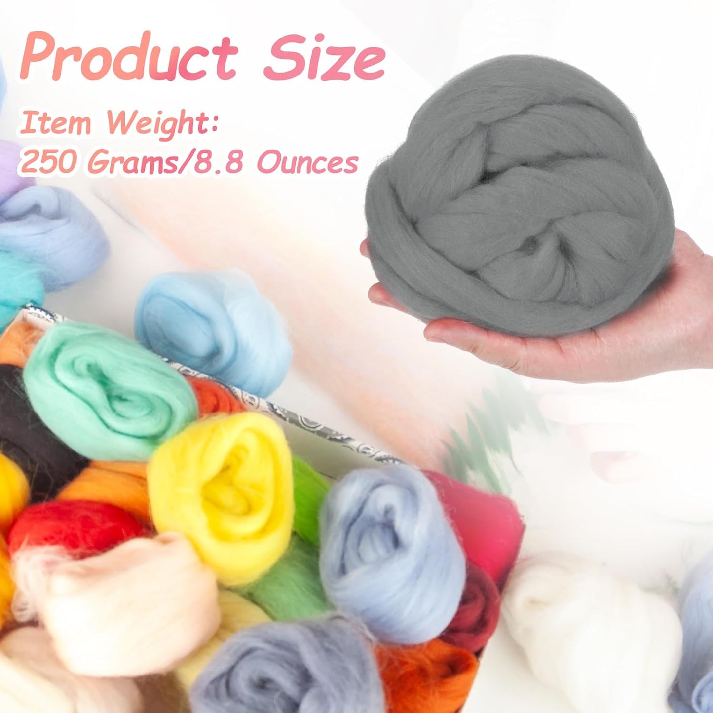 PATIKIL Wool Roving Yarn, 250G/8.8OZ Felting Wool Pure Roving Yarn, Light Gray