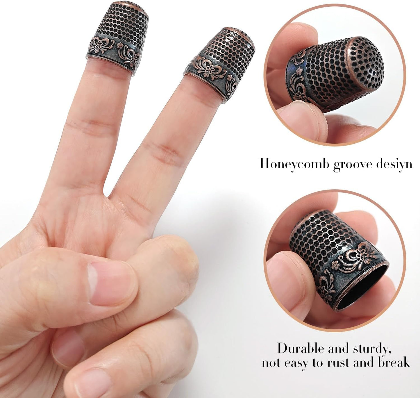 FR 4Pcs Sewing Thimbles, Metal Thimbles for Hand Sewing Finger Protector Knitting Needlework DIY Tools Red Copper