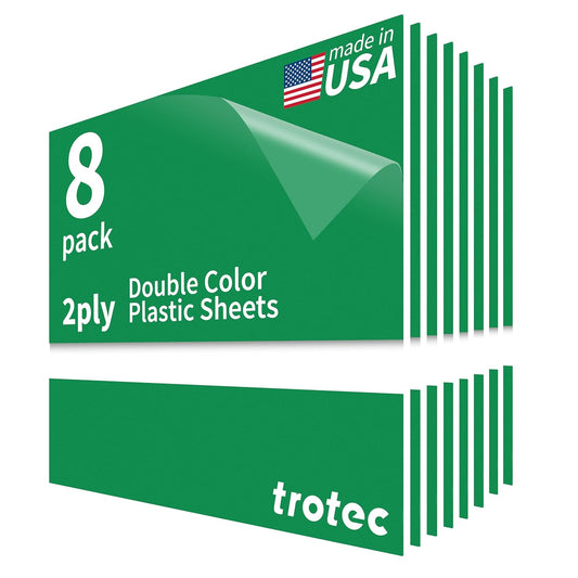 Trotec TroLase | 12"x12"x1/8", 8 Pcs | Bright Green/White | 2 Ply | Modified Acrylic | Laser Engraving Double Color Plastic Sheet | Engraving Blanks for Laser, Saw, Guillotine | Made in USA