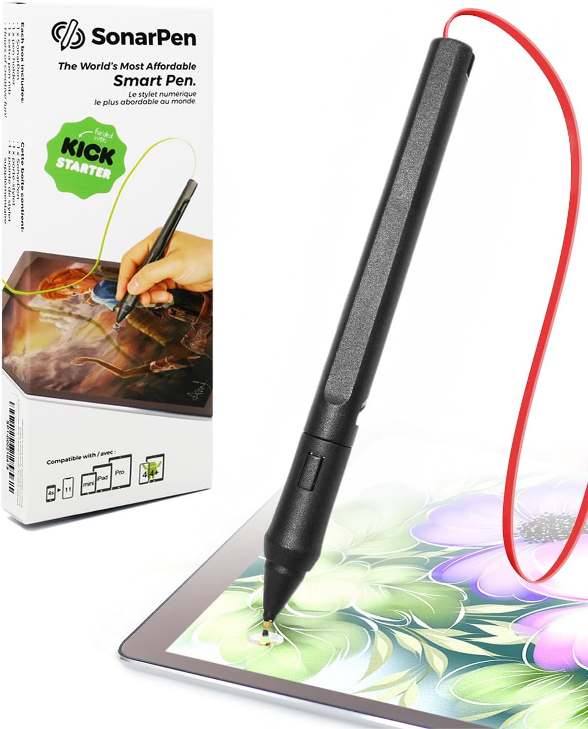SonarPen - Pressure Sensitive Smart Stylus Pen with Palm Rejection and Shortcut Button. Battery-Less. Compatible with Apple iPad/iPhone/Android/Switch (Red)
