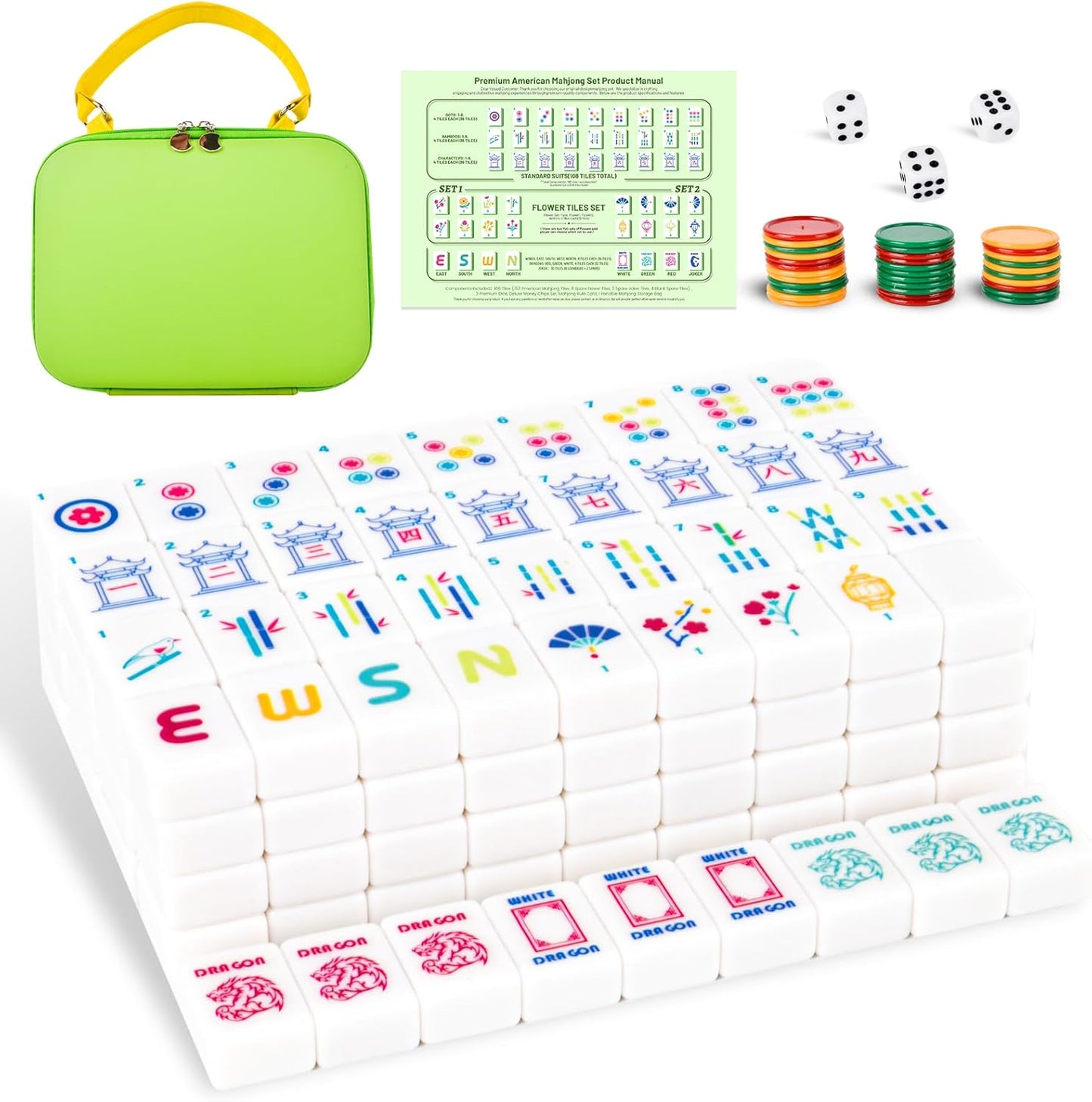 Mahjong Tile Set Equipped with Mahjong Instructions, 166 Quality White Engraved Tiles, 1.2 inch American Mahjong Tiles Set with Carrying Bag/Dice/Chips, Creative Design Patterns, Ideal Mahjong Gifts