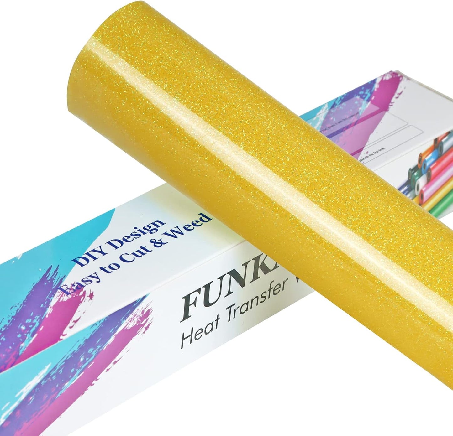 FUNKAKA Glitter Fluorescent Gold HTV Heat Transfer Vinyl Rolls, 12" x 8ft PU Iron on Vinyl for T-Shirts Glitter HTV Vinyl for All Cutter Machines Easy to Cut & Weed for DIY Design
