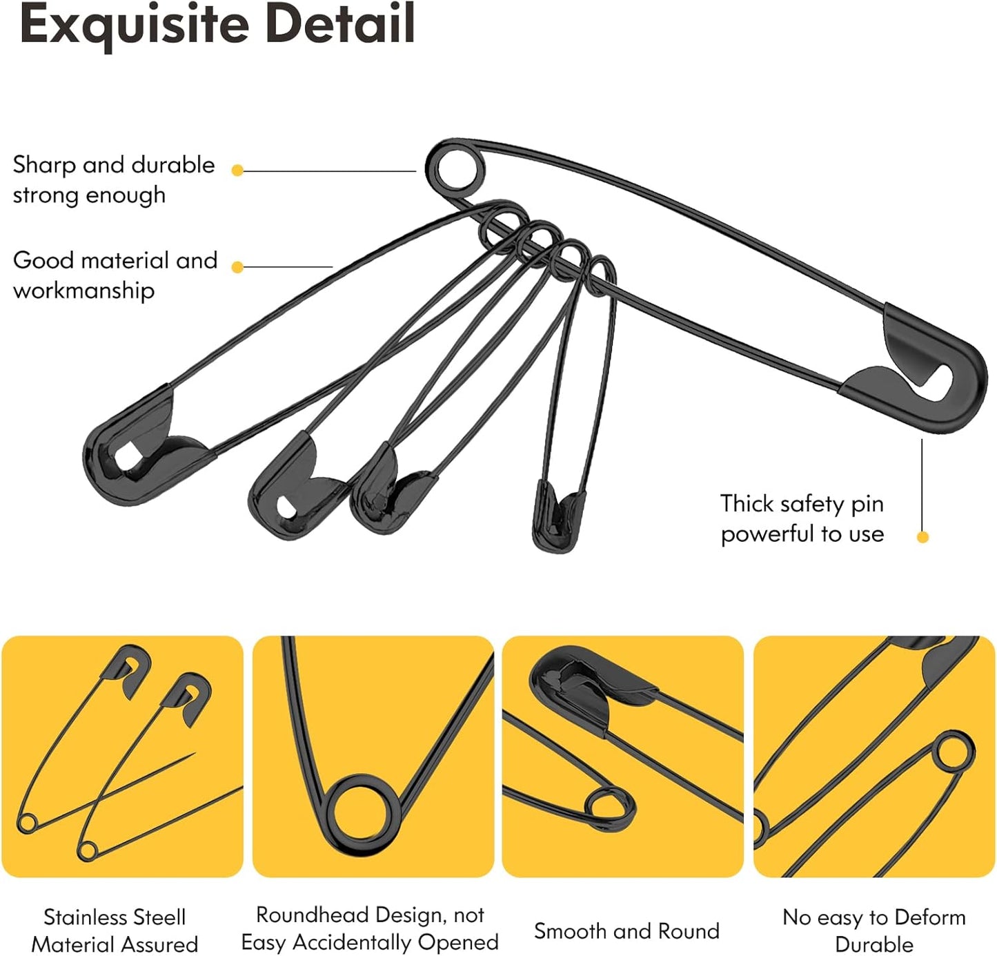 Huhuhero 160-Pack Safety Pins Assorted, Small and Large Safety Pins for Clothes Costume, 5 Different Sizes Nickel Plated Steel Pin Bulk, Sewing Arts Crafts Supplies, Black