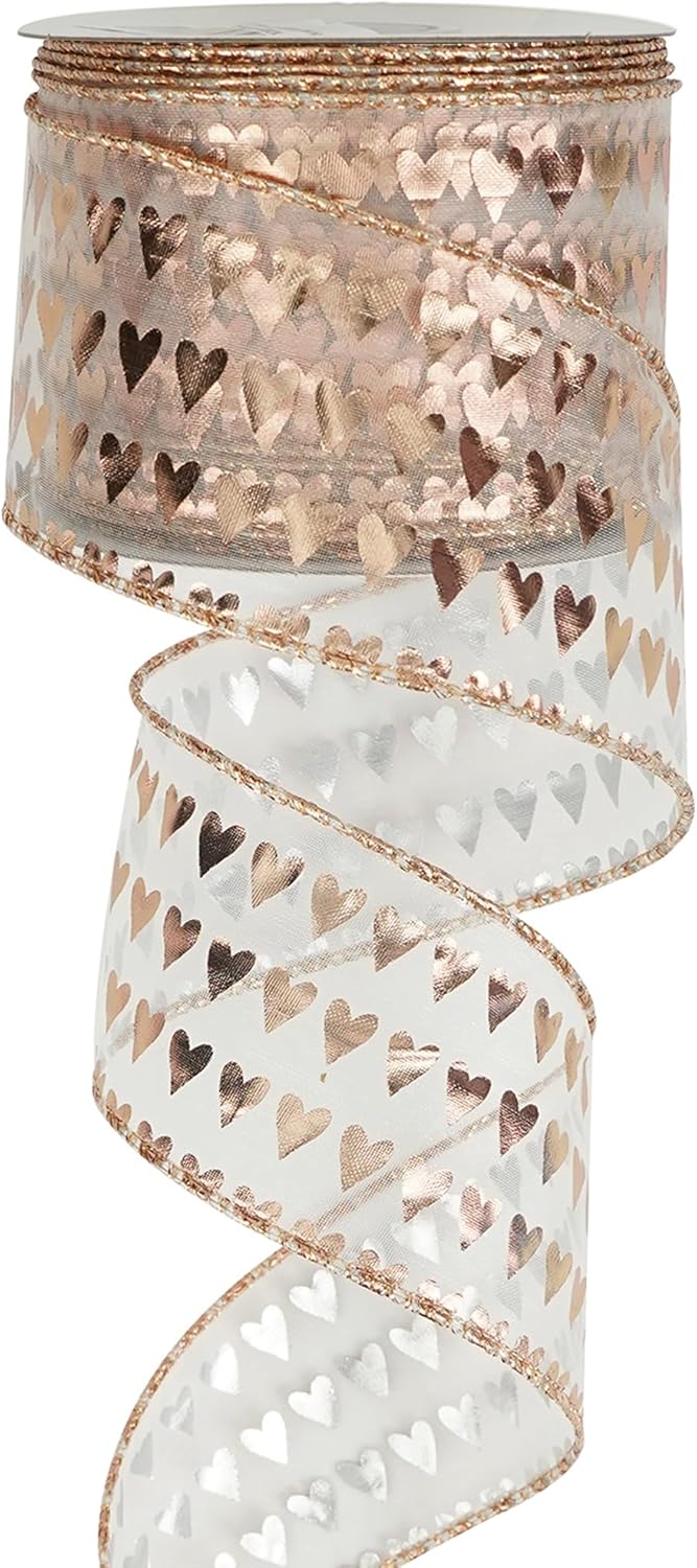 MEEDEE Heart Wired Ribbon - 2.5 Inch Rose Gold & Pink Sheer Organza Ribbon, 25 Yards Roll, Perfect for Valentine Bows & Decor