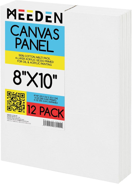 MEEDEN 12-Pack 100% Cotton Canvas Boards for Painting - 8x10'' Blank Canvas Panels for Oil & Acrylic Painting, Ready to Paint Art Supplies for Professional Artists, Students