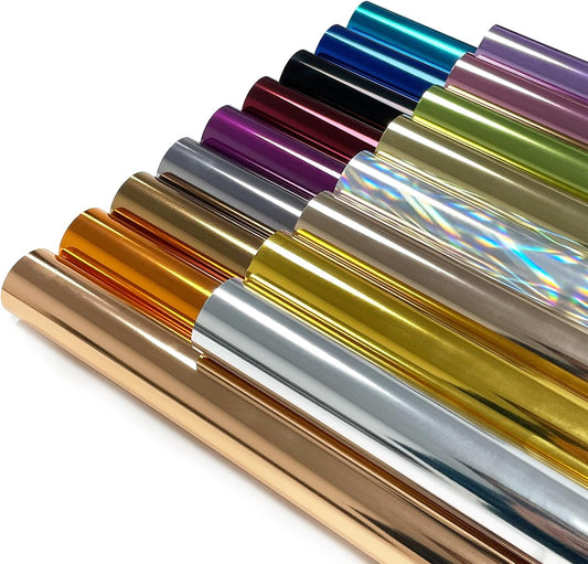 Sheet Metallic Foil Heat Transfer Vinyl Bundle – 12"x10"-17 Chrome HTV Pack in 17 Vibrant Colors for Stunning T-Shirt Designs! Perfect for DIY Enthusiasts and Professionals (Multicolours)