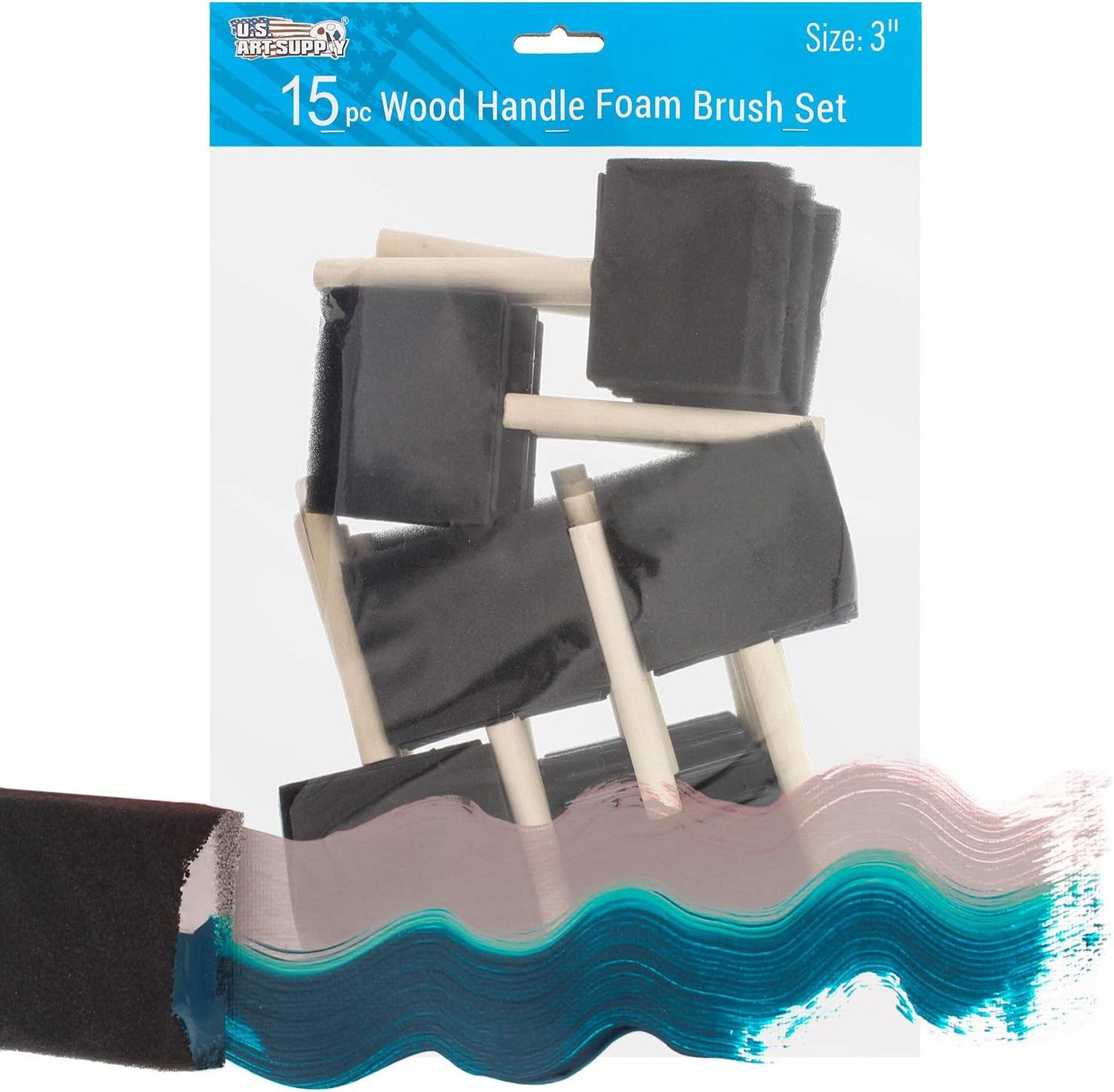US Art Supply 3 inch Foam Sponge Wood Handle Paint Brush Set (Value Pack of 15) - Lightweight, durable and great for Acrylics, Stains, Varnishes, Crafts, Art