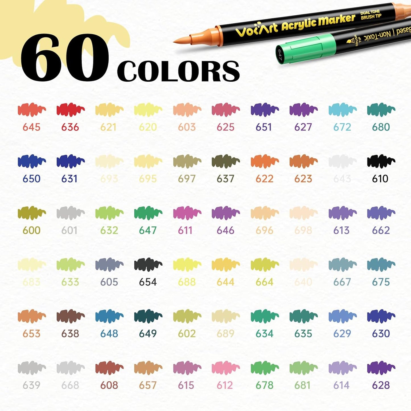 VOKART 60 Colors Acrylic Paint Markers - 30 Dual Brush Tip Paint Pens Including 2 Metallic Colors for Rock, Canvas, Fabric, Wood, Glass, Ceramic - Art Supplies for Artists, Kids, DIY & Holiday Decor