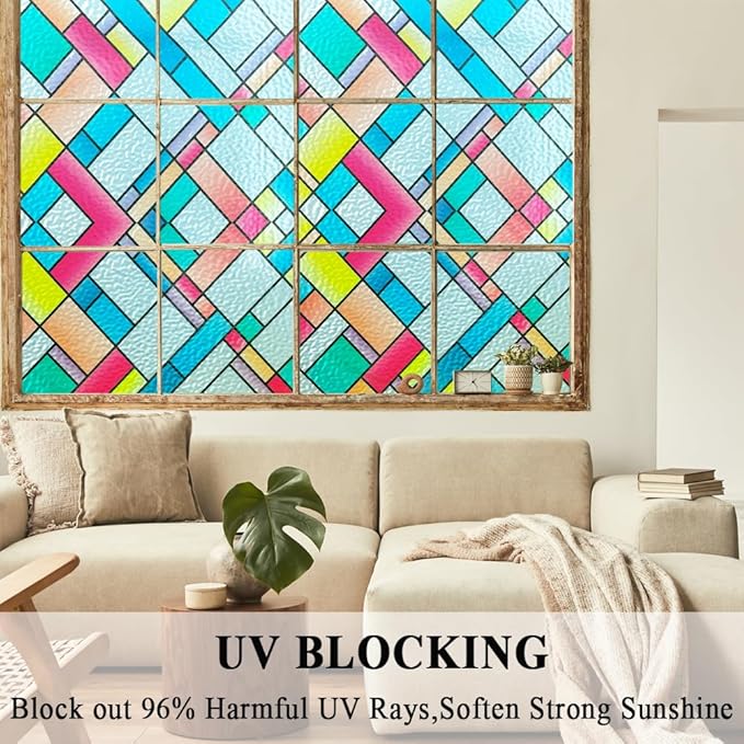 Window Film Privacy Classy Colorful Glazed Tiles Stained Glass Sliding Door Coverings Static Cling Frosted Church Tints Cover Contact Paper Non-Adhesive Heat Control Anti UV Reusble,35x78.7in.