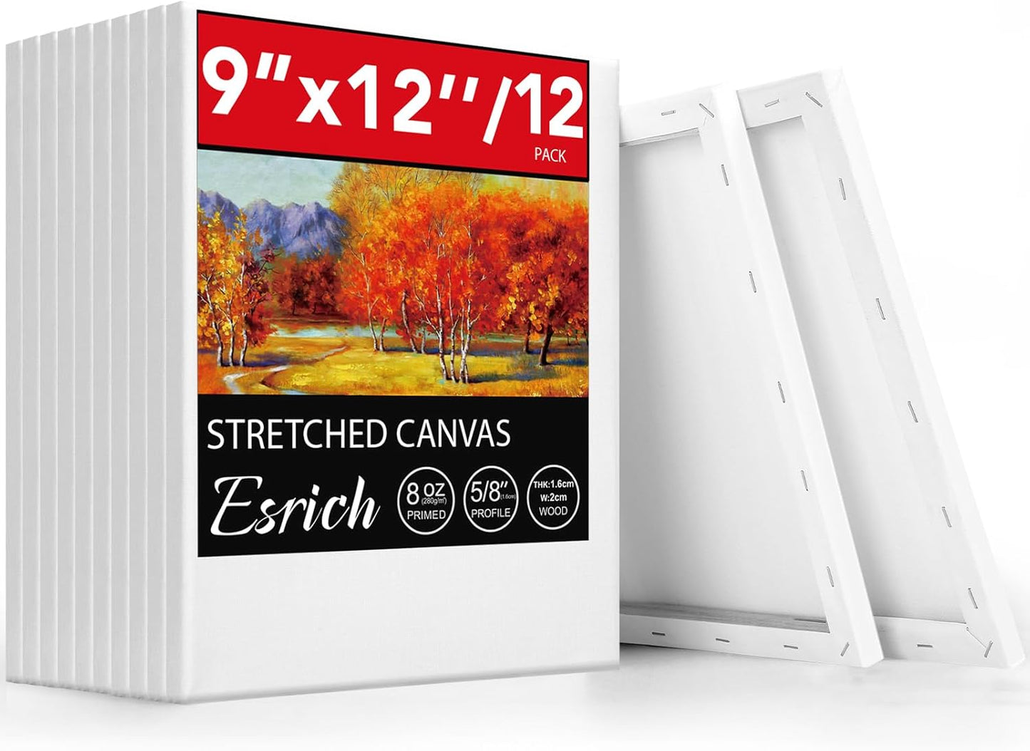 ESRICH Stretched Canvas for Painting, 12 Pack 9x12 Inch Canvas Value Pack,Primed Acid-Free Cotton Blank Canvases, Painting Canvas for Oil & Acrylic Paint.