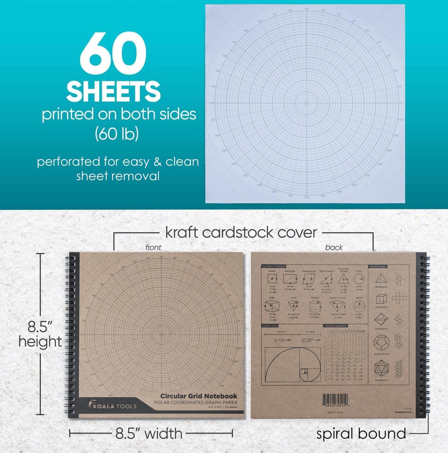 KOALA TOOLS - Circular Grid Sketchbook with Polar Coordinate Graph Paper, Polar Grid for Circular Designs, Mandala, and Geometric Patterns, 8.5 x 8.5 inches, 60 pages - Pack of 1