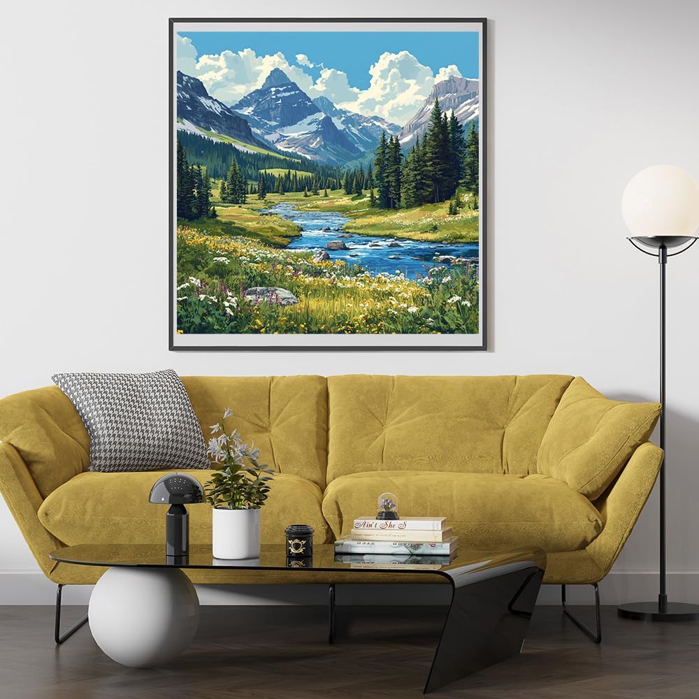 14ct Counted Cross Stitch Kits for Adults Mountains River Flowers Printed Stamped Cross Stitch Patterns Kits Cross Stitch Supplies (Mountains River Flowers)