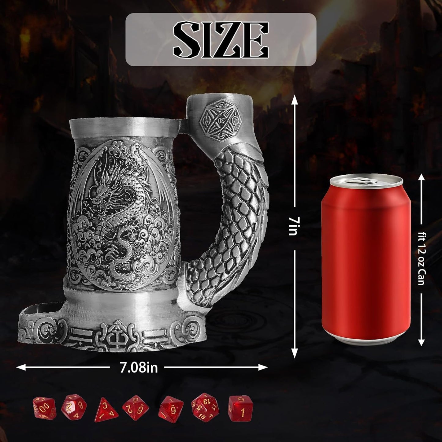 Dice Tower Mug, Dice Rolling Tower, Comes with 7 PCS Dice Set, Suitable for DND Dungeons and Dragons, Tabletop Games, Available As Drink Holder, D&D Gifts, DND Accessories (Silver-Dragon)
