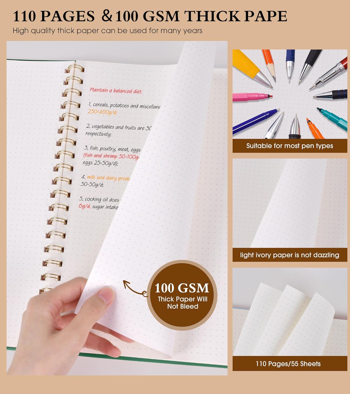 Dotted Notebook, Spiral Notebook Journal 8.5” x 11”, A4 Large Dot Grid Notebooks for Women Men, 100 GSM Dotted Paper, Plastic Hardcover Spiral Bullet Journals for Work School Sketching, Green