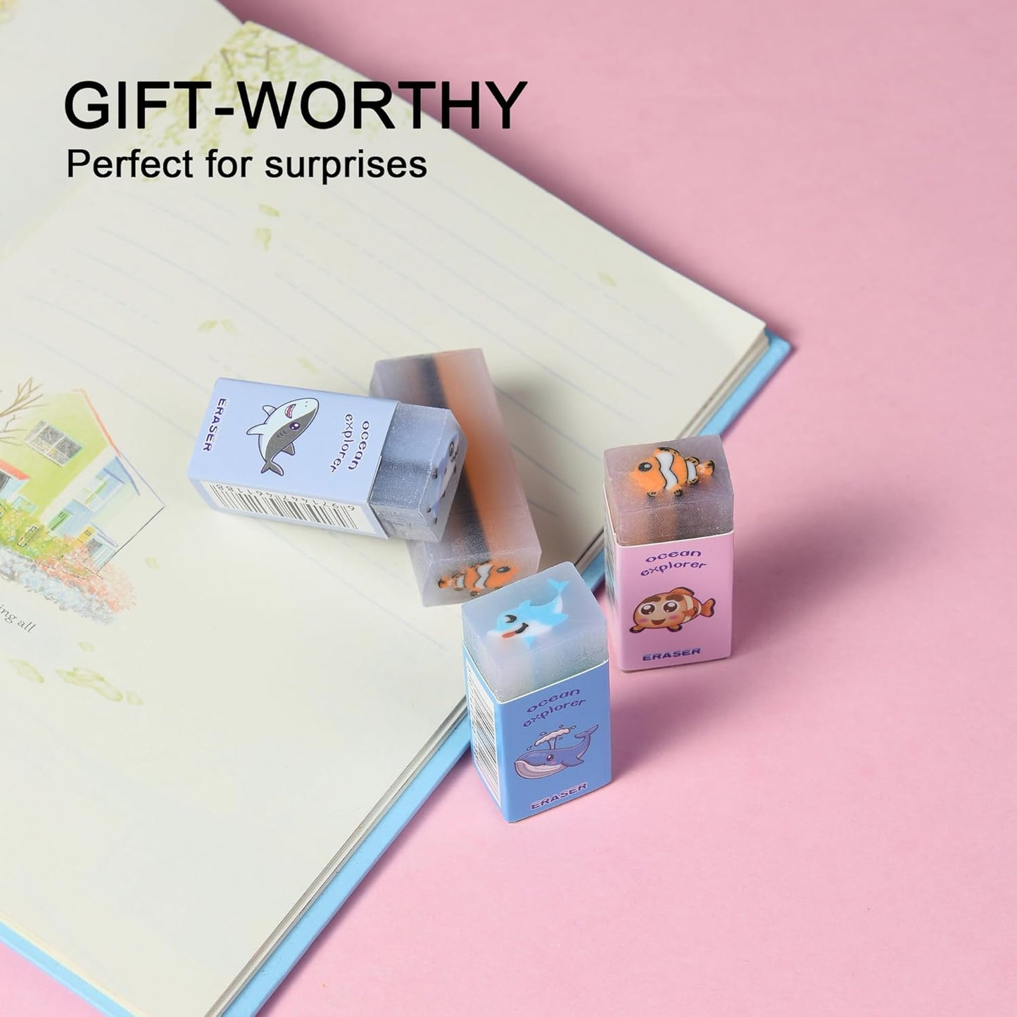 HILAZA 18Pcs Cute Sea Animal Erasers for Kids Bulk, Kawaii Fun Pencil Jelly Erasers for School Classroom Supplies Prize Gifts Party Favors