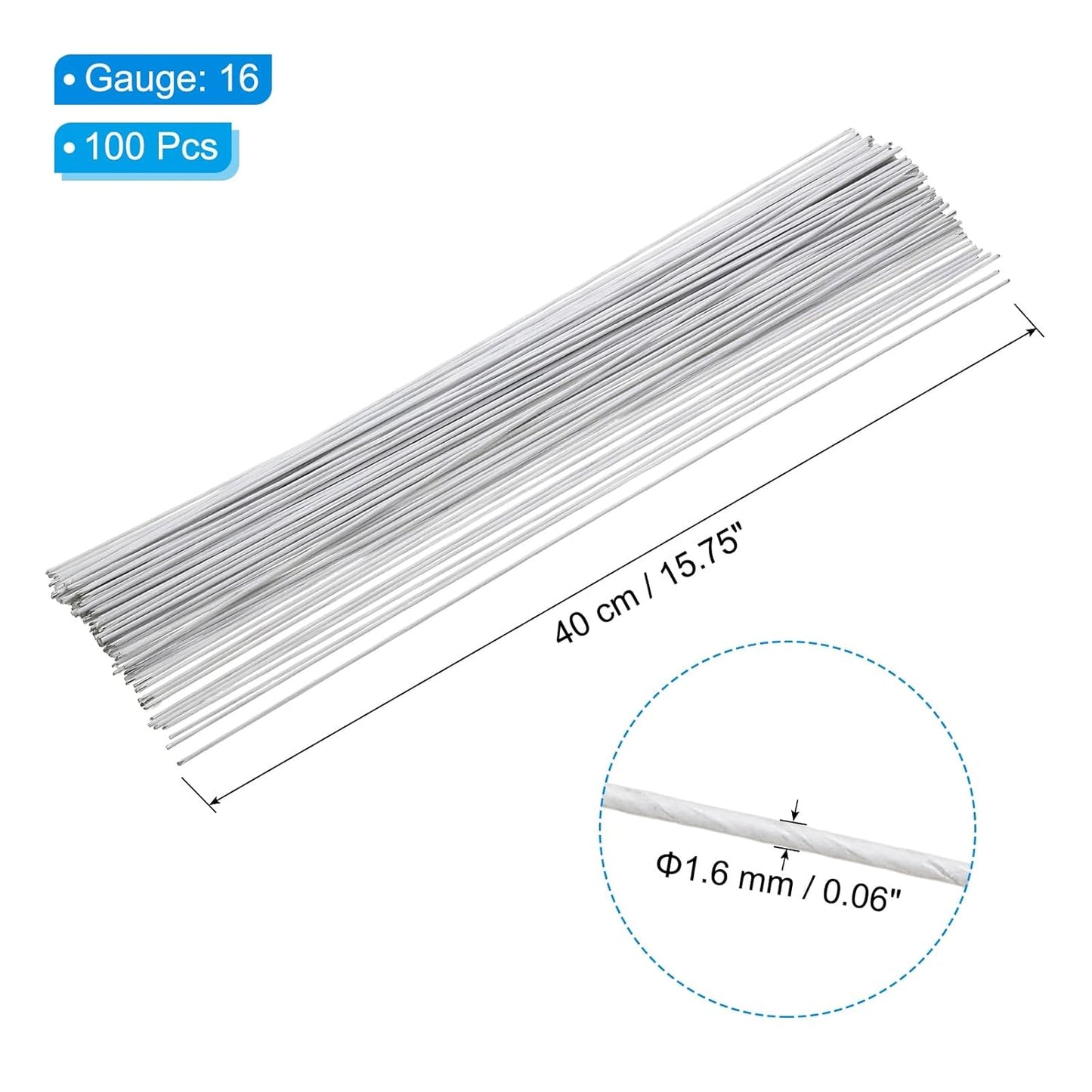 PATIKIL 16 Gauge 16" Floral Stem Wire, 100 Pcs Paper Wrapped Iron Artificial Flower Stem Accessories for DIY Bouquet Stem and Craft Decoration, White